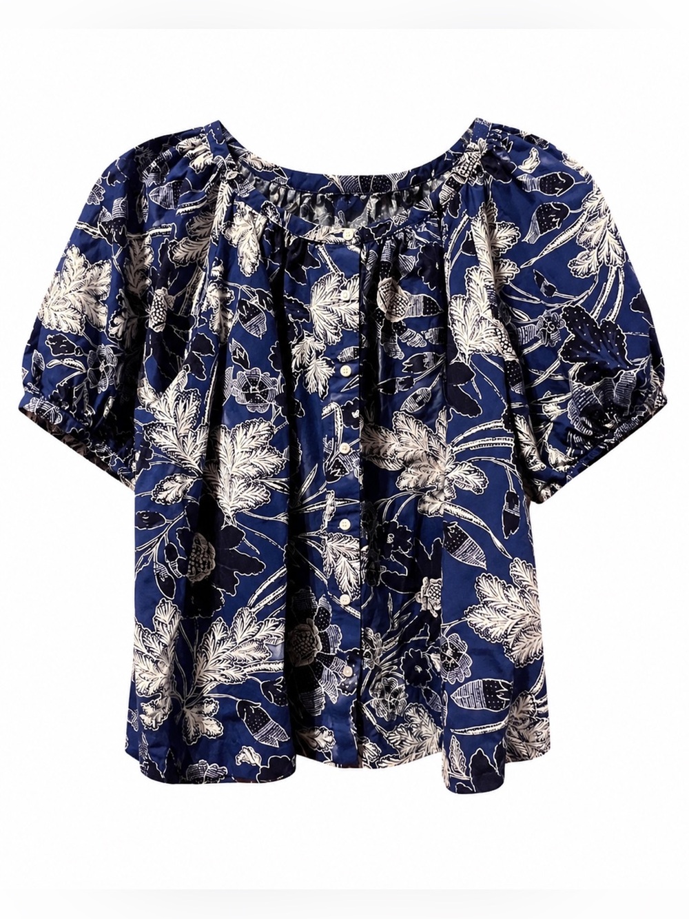 Sonoma Goods For Life Blue White Floral Puff Sleeve Button Blouse Size L